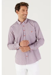 AC&Co / Altınyıldız Classics قميص رجالي مخطط بقصة ضيقة باللون الأزرق الداكن والأحمر وياقة بأزرار وياقة بأزرار وشعار قطن وجيب