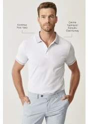 AC&Co / Altınyıldız Classics White Polo Collar Slim Fit T-shirt - Men's, Non-Shrinkable Cotton Fabric