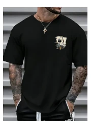 LAND MODA Graphic Short Sleeve T-Shirt for Men - Ace of Spades and Dice Print, Loose Fit Round Neck,