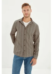  Collection Beige Slim Fit Button Collar Thin Striped Shirt Tmnss20Go0092