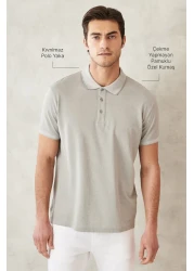 AC&Co / Altınyıldız Classics تي شيرت رجالي من القطن ذو رقبة بولو رمادية بقصة ضيقة - غير قابل للانكماش وغير قابل للتجعيد