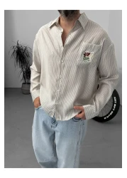 BYBASICMAN Beige Striped Pocket Embroidered Shirt G-5612/1