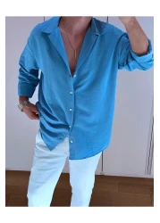 King Brothers قميص رجالي من Ayrobin ذو مظهر كتان فضفاض باللون الأزرق الفاتح