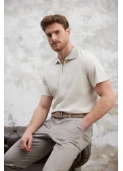  Collection Stone Regular/Normal Cut Zippered 100% Cotton Polo Neck T-Shirt