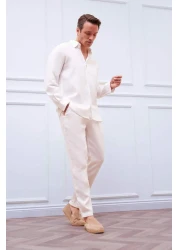 Defacto بنطلون من القماش الأبيض الصيفي ذو القطع العادية بنسبة 100% من الكتان C1826ax25sm