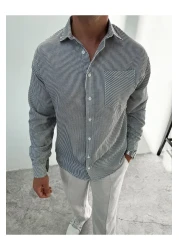 King Brothers قميص رجالي قطني مخطط باللون الأسود - جيب، كم طويل، مقاس فضفاض