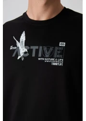 Tommy Life تي شيرت رجالي من القطن الأسود السميك الناعم المطبوع مقاس كبير - 88344