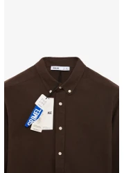 GRIMELANGE Perttu Men's 100% Cotton Slim Fit Slim Fit Buttoned Collar Linen Look Flared Bitter Brown Shirt