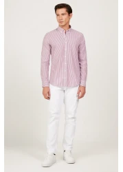 AC&Co / Altınyıldız Classics Men's White-burgundy Slim Fit Slim Fit Button Collar Cotton Striped Shirt