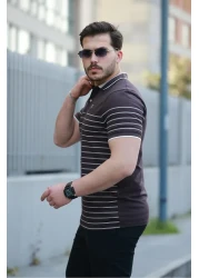 Miron Brown Striped Polo Neck Short Sleeve T-Shirt-2515
