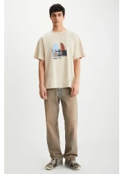 GRIMELANGE تي شيرت Lexoro رجالي مصنوع من القطن بنسبة 100% برقبة دائرية ومطبوع باللون البيج