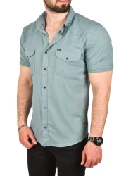DeepSea Men's Green Slim Fit Cotton Lycra Short Sleeve Shirt Easy-Iron Snap Pocket Sports Shirt