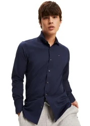 Tommy Hilfiger Men's Brand Logo Stretch Cotton Half-Lined Collar Stylish Looking Dark Blue Shirt Suitable for Daily Use