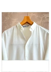 Hazhers قميص كتان كبير الحجم للرجال - كم طويل، ياقة القميص