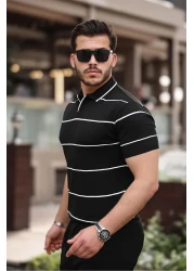 Miron تي شيرت تريكو مخطط باللون الأسود بياقة بولو - 2427