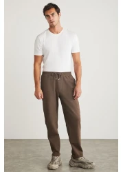 GRIMELANGE Walsh Men's Pique Look Special Fabric Flexible Double Leg Corded Beige Trousers with Elastic Waist