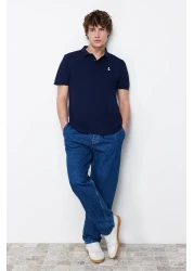  Collection Navy Blue Regular/Normal Cut 100% Cotton Embroidered Polo Neck T-Shirt Tmnss23Po00031