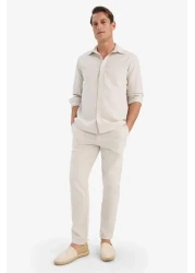 Defacto 100% Cotton Linen Look Trousers Elastic Waist Slim Fit Slim Fit Pocket Straight Leg D2671Ax25Sm