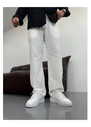Oliggopol Men's White Elastic Waist Baggy Fit Linen Trousers