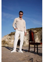 Pobudo Men's Beige Color Knitted Ottoman Fabric Long Sleeve Shirt