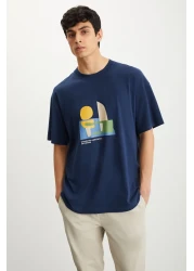 GRIMELANGE تي شيرت RAMADANP007 رجالي 100% قطن برقبة دائرية مطبوع باللون الأزرق الداكن