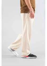 bombe Men's Beige Comfortable Fit Bagy Trousers Linen Belted Drawstring Soft Fabric Blend Trousers