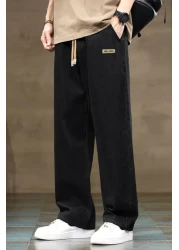 THE RULE بنطال جينز رجالي أسود فضفاض بخصر مطاطي من الليكرا وساق مستقيمة فضفاضة مناسبة من قماش الدنيم RF0480