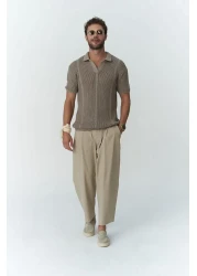 MAİ COLLECTİON Kenway Men's Beige Trousers with Lace Detail