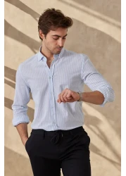 RAVANELLI Men's Striped Cotton Linen Modern Slim Fit Shirt