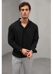 Bürke Summer Linen Textured Long Sleeve Black Men's Shirt