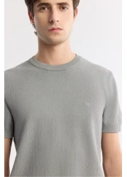 Avva تي شيرت رجالي رمادي اللون ذو قصة عادية وياقة دائرية ونسيج محبوك B005119