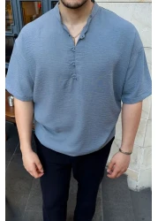 Livio Ferri Soro Men's Oversize Linen Look Short Sleeve Court Collar Half Placket Shirt