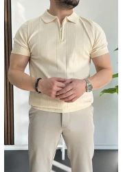 Edwox Men's Half Zip Polo Neck T-Shirt Cream Edw257