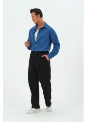 RELAXL بنطلون أسود فضفاض من القماش Şile مصنوع من القطن بنسبة 100% وواسع الساق ومطوي