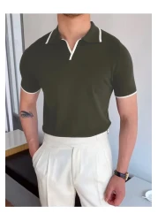 Moderk Men's Old Money Polo Neck Knitwear T-Shirt White Stripe Detailed Anti-Sweat Anti-Pilling