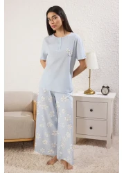  Collection Blue 100% Cotton Floral Button Knitted Pajamas Set Thmss25Pt00179
