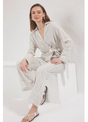  Modest Beige Striped Linen Wrap Shirt and Pants Convergence Tctss25Us00026