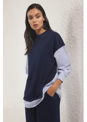  Modest Navy Blue Striped Woven Fabric Detailed Knitted Bottom-Top Set Tctss25Us00042