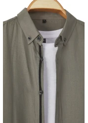  Collection Dark Button Collar Epaulette Slim Fit Long Sleeve 100% Cotton Linen Look Shirt Tmnss20Go0189
