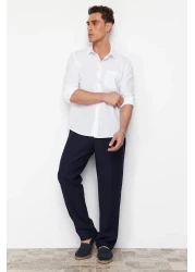  Collection Navy Blue Linen Look Elastic Waist Tied Trousers - Tmnss20Pl0547