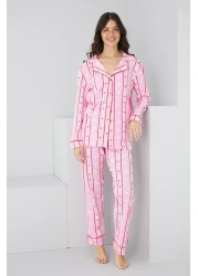Siyah İnci Pink Red Line Pattern Cotton Buttoned Piping Knitted Long Sleeve Pajamas Suit7887