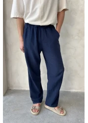 HYMAN Men's Elastic Waist Baggy Fit Linen Trousers