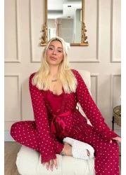 Pijamaevi Claret Red Mini Point Patterned Bamboo Dressing Gown Women's Pajamas Set