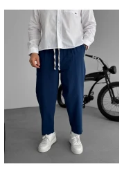 BYBASICMAN بنطلون كتان فضفاض باللون الأزرق الداكن JJ-181