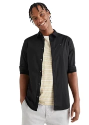 Tommy Hilfiger Men's Brand Logo Stretch Cotton Half-Lined Collar Stylish Looking Black Shirt Suitable for Daily Use
