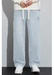 THE RULE Men's Light Blue Baggy Elastic Waist Lycra Straight Leg Loose Fitting Stretchy Jean Denim Jeans Pants Rf0484