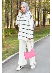 Tesettür Dünyası بدلة تريكو مخططة Tsd220905 أبيض