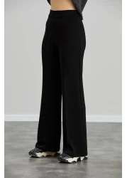 Alos Women's Black Modal Wide Leg Striped High Waist Soft Textured Lycra Trousers with Elastic Waist