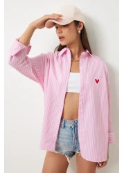 Happiness İstanbul Pink and White Embroidered Heart Striped Oversize Women's Shirt - DX00016