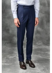 Gussi Men's Navy Blue Old Money Italian Cut Pleated Lycra Fabric Trousers